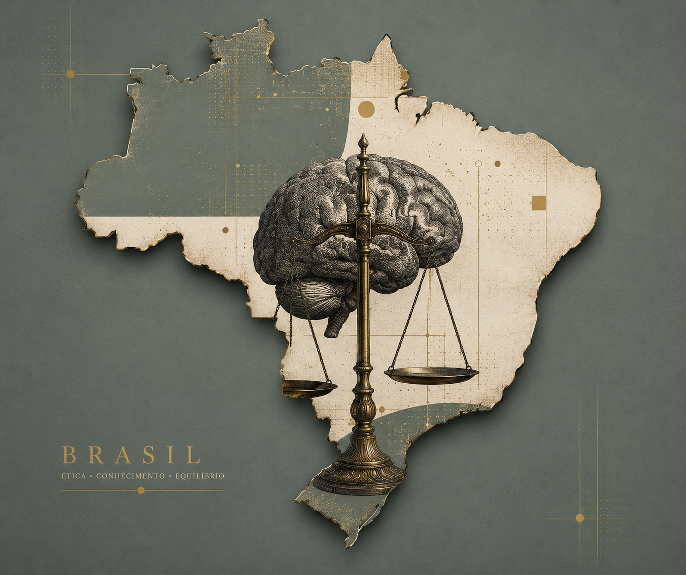 Mapa do Brasil com balança da justiça e cérebro — Ética, Conhecimento, Equilíbrio